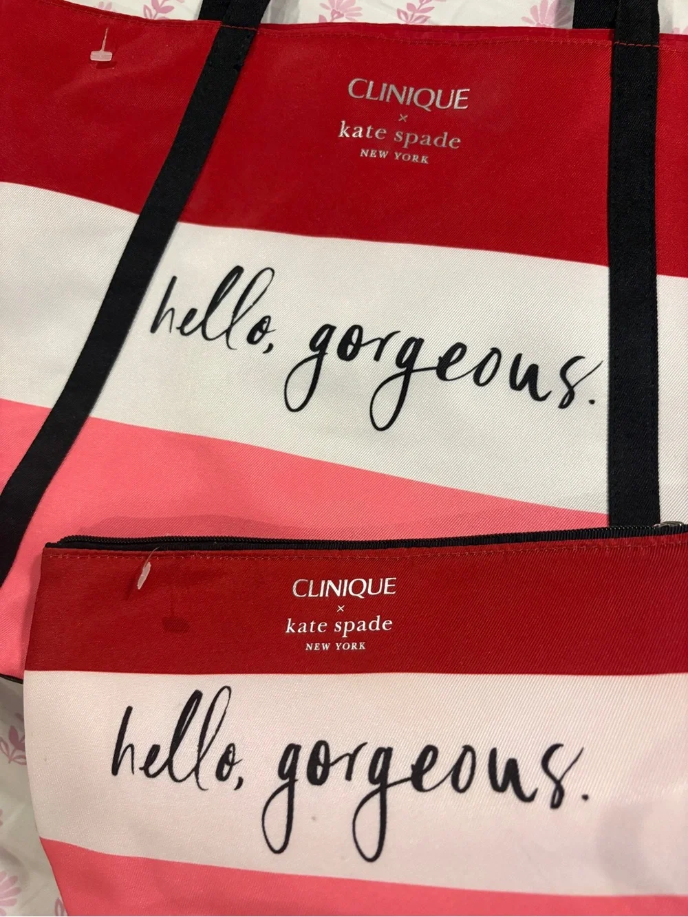 kate spade Clinique Hello Gorgeous Striped Tote & Pouch - Pink, White, Red